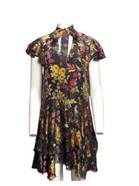 Alice + Olivia Silk Blend Black Floral Ruffle Mini Dress Size 10
